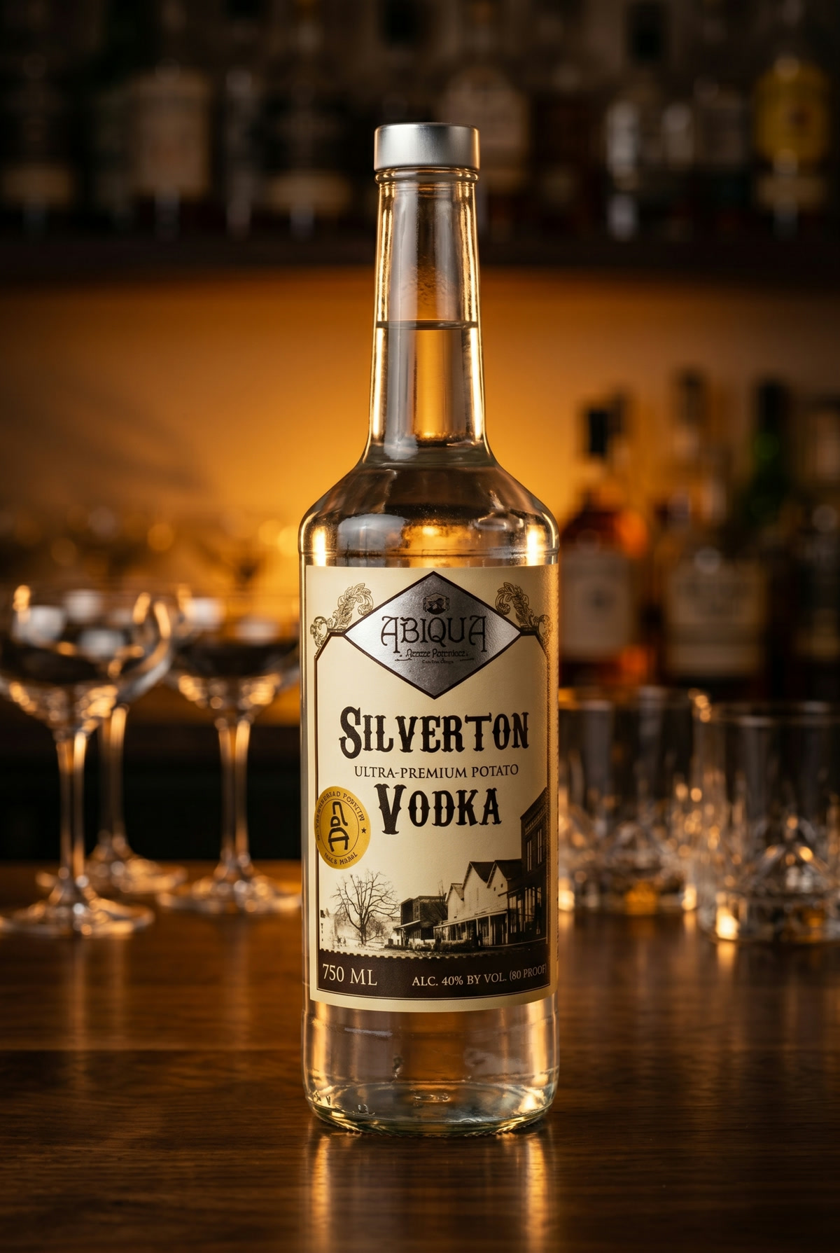 Silverton Vodka bottle on a backlit bar